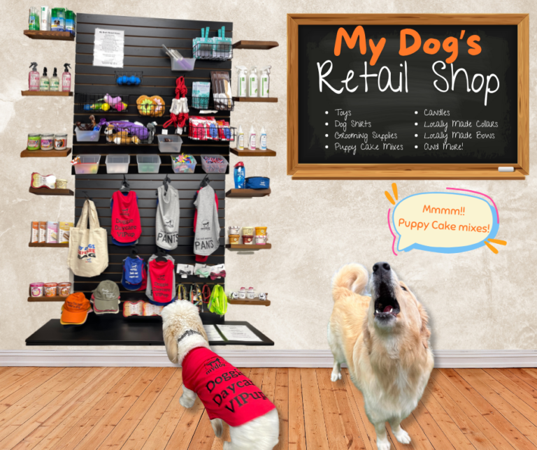 Shows our retail selection of dog shirts, collars, puppy cake products, grooming supplies, and more